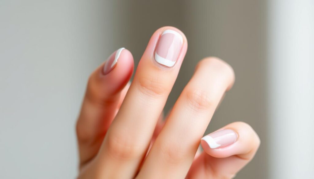 A close-up of a woman's hand, nails painted with a classic French manicure. The nails have a subtle, natural-looking base color with a clean, crisp white tip. The lighting is soft and even, highlighting the healthy, well-groomed appearance of the nails. The hand is positioned gracefully, fingers slightly curled, showcasing the flawless manicure. The background is blurred, keeping the focus on the beautiful, perfectly polished nails. The image conveys a sense of elegance, sophistication, and attention to detail, reflecting the introductory section on achieving the perfect French hybrid manicure.