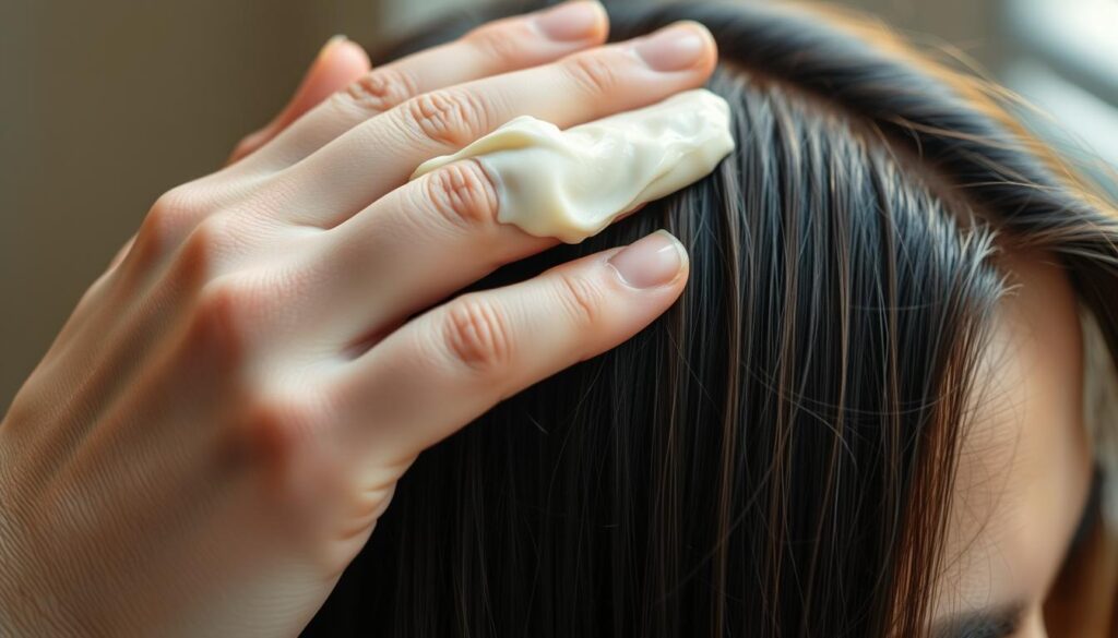 A close-up shot of a hand applying a thick, creamy hair bleaching product evenly through strands of dark hair. The fingers gently massage the scalp, ensuring even distribution. Diffused, warm lighting casts a soft, natural glow, highlighting the delicate texture of the hair and the skin. The background is slightly blurred, placing the focus entirely on the hand-hair interaction, conveying the care and attention required during this crucial application process. The scene exudes a sense of patience and precision, reflecting the importance of proper timing for achieving the desired lightening effect.