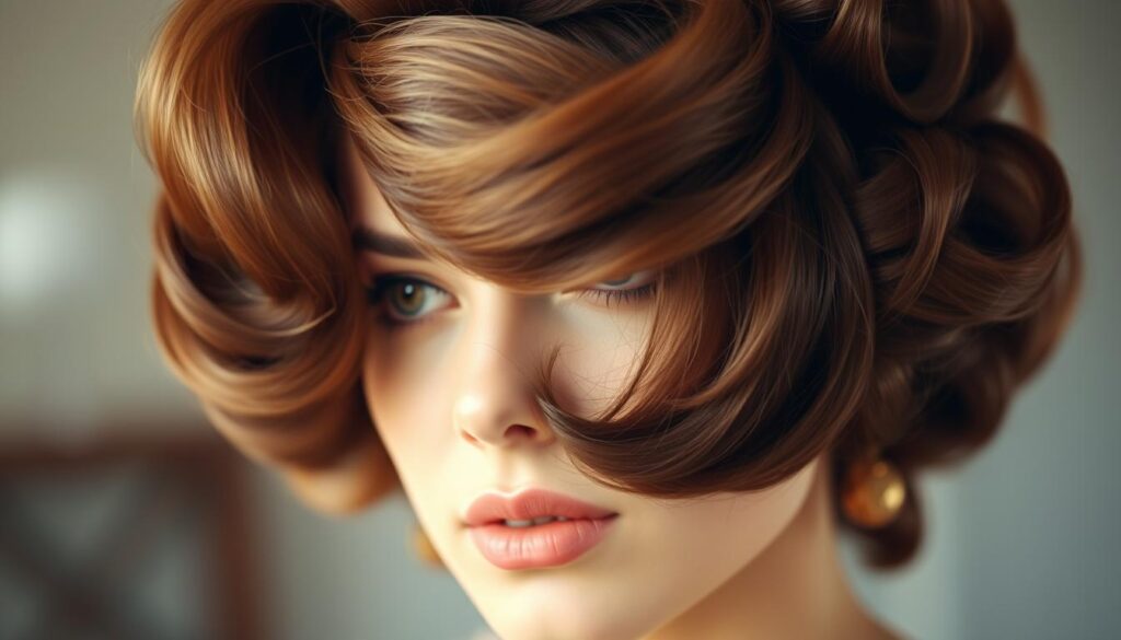 A close-up shot of a stylish 1970s hairstyle with voluminous, bouncy waves and curls. The model has shoulder-length, lush brown hair that is expertly styled with a side part and lots of lift at the crown, creating a bold, eye-catching silhouette. The lighting is soft and flattering, with a slight hazy, vintage effect that enhances the retro aesthetic. The focus is on the intricate, voluminous texture and shape of the hairstyle, capturing the characteristic voluminous, feathered look that defined 1970s fashion. The background is blurred, keeping the attention solely on the beautifully crafted, head-turning 1970s hairdo.