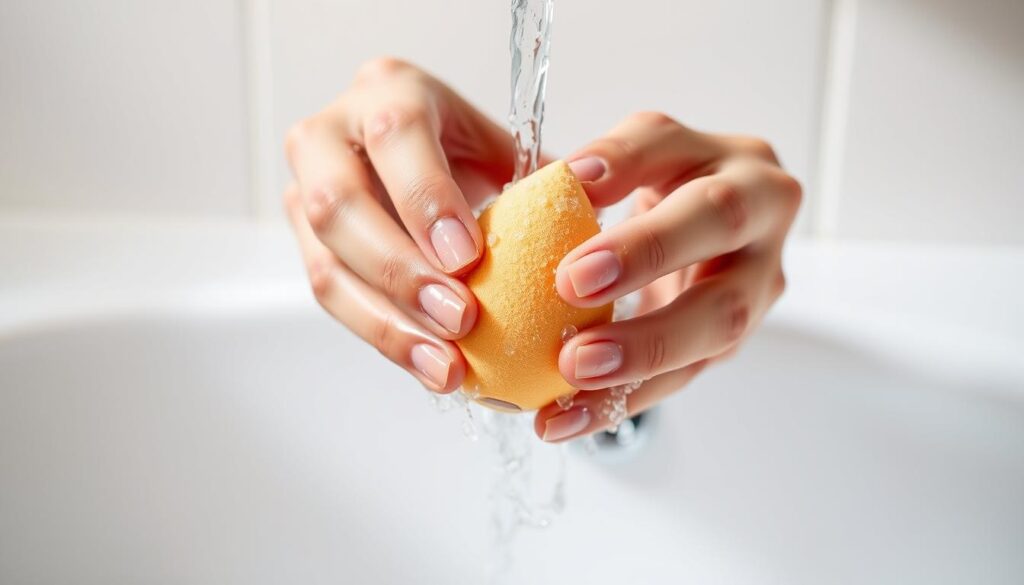 A close-up shot of a woman's hands gently scrubbing a makeup sponge under running water, with soft, natural lighting illuminating the scene. The sponge is being carefully cleansed, its once-vibrant color slowly returning to a pristine, spongy texture. The background is a minimalist, clean bathroom setting, with a neutral-toned tile wall providing a simple, uncluttered backdrop. The overall mood is one of calm, focused attention, emphasizing the importance of properly caring for one's makeup tools to ensure their longevity and hygienic use.
