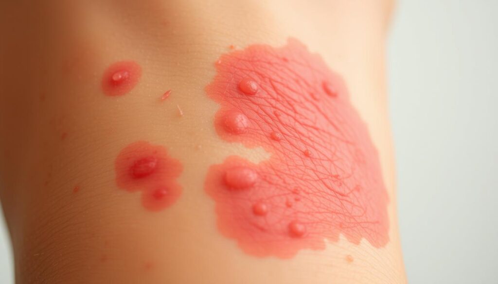 A close-up view of a person's skin, showing visible signs of nickel allergy. The foreground features inflamed, red, and itchy-looking patches on the skin, with a slight texture and roughness visible. The middle ground showcases the affected area in detail, highlighting the distinctive rash-like appearance. The background is slightly blurred, creating a soft, hazy focus on the skin condition. The lighting is soft and diffused, emphasizing the subtle tones and textures of the skin. The angle is close and intimate, allowing the viewer to empathize with the discomfort and irritation associated with nickel allergy.