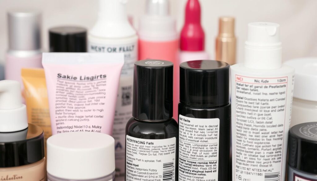 A close-up view of various cosmetic product packages and containers, displaying clear labeling and indicators for the presence of nickel. The foreground features an assortment of common cosmetic items such as makeup, skincare, and personal care products, all with their INCI (International Nomenclature of Cosmetic Ingredients) lists visible. The middle ground showcases the specific chemical symbols and terminology used to denote nickel, such as "Ni" or "Nickel", allowing the viewer to easily identify and recognize its presence. The background is softly blurred, maintaining focus on the informative product details. The overall mood is one of clarity and educational purpose, guiding the viewer to understand how to identify nickel in cosmetic formulations.