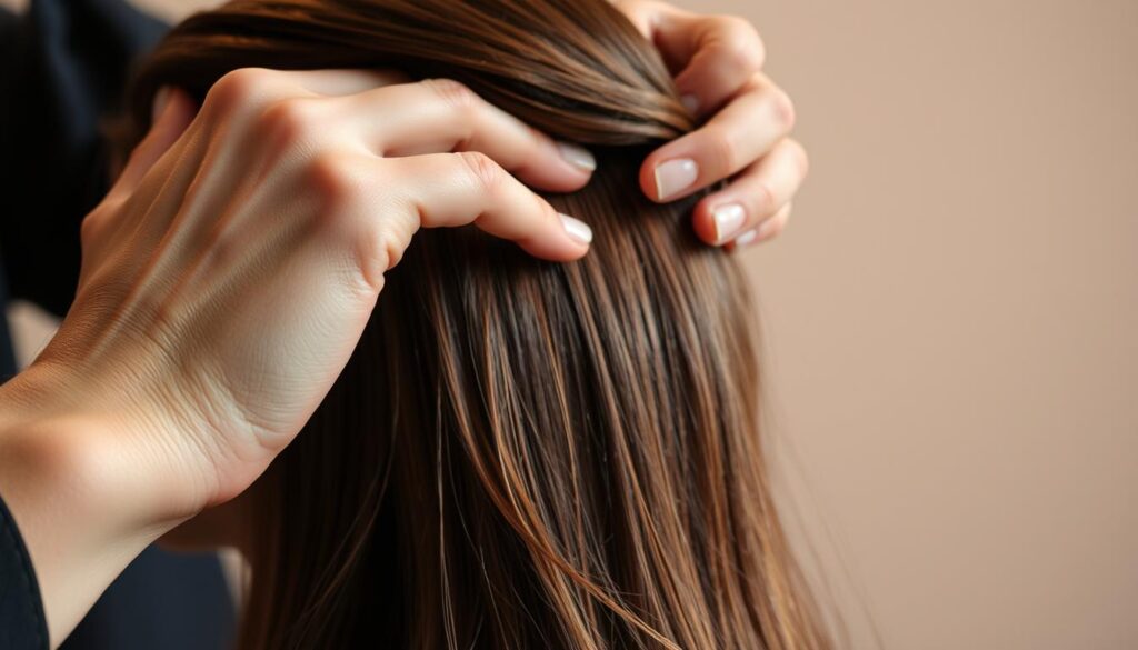 A detailed, step-by-step process of applying hair dye, captured in a vibrant, well-lit studio setting. A close-up view of a stylist's hands gently parting and sectioning the model's hair, revealing their scalp. Subtle highlights and reflections on the hair strands, conveying the texture and sheen of the dye application. In the background, a minimalist backdrop with muted tones, allowing the focus to remain on the intricate technique. The overall mood is one of precision, care, and the artistry involved in achieving a seamless, professional hair color result.