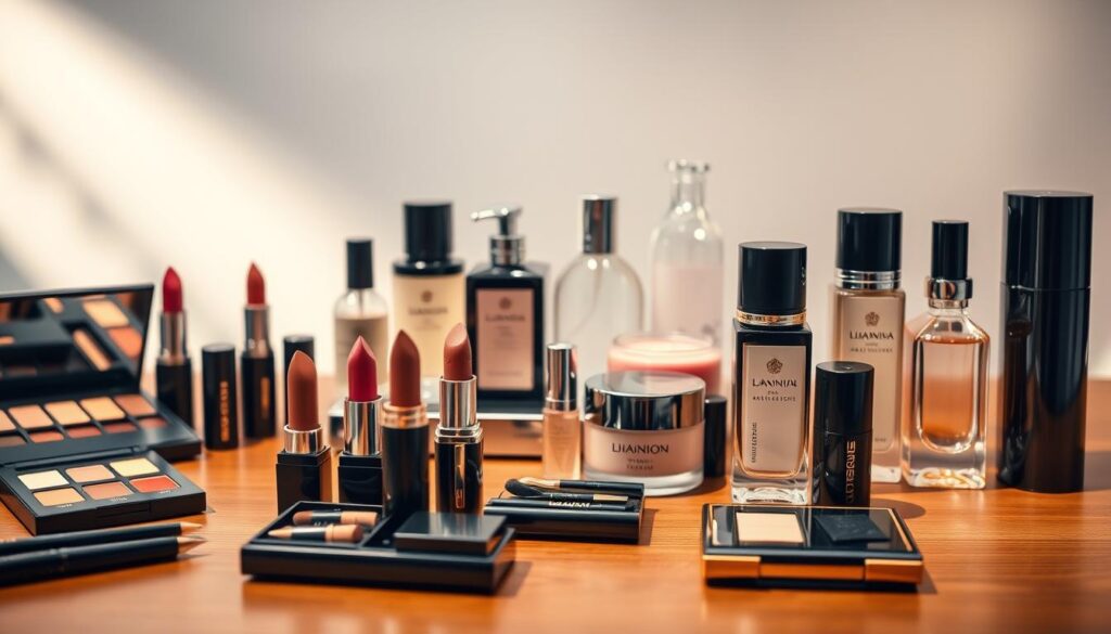 A elegant display of Italian cosmetics, arranged with care and precision on a warm, wooden table. In the foreground, a selection of high-end makeup products - lipsticks, eyeshadow palettes, and perfumes - in sleek, sophisticated packaging. The middle ground features beautifully crafted glass jars and bottles, hinting at luxurious skincare formulas. Subtle lighting casts a soft, inviting glow, highlighting the rich colors and textures of the cosmetics. The background is a dreamy, minimalist setting, allowing the products to take center stage and showcase their allure. An atmosphere of refined Italian style and quality pervades the scene.