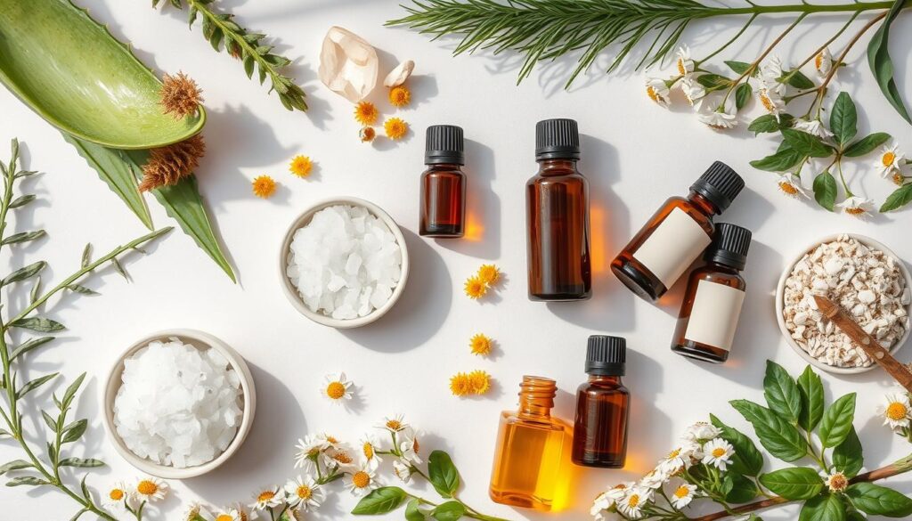 A flat-lay arrangement of assorted natural skincare ingredients, including fresh aloe vera leaves, chamomile flowers, sea salt crystals, and a variety of essential oils in glass bottles. The scene is evenly lit from above, creating soft shadows that accentuate the textures and colors of the organic materials. The overall mood is calming and wellness-focused, showcasing the key elements that contribute to formulating gentle, effective cosmetic products.