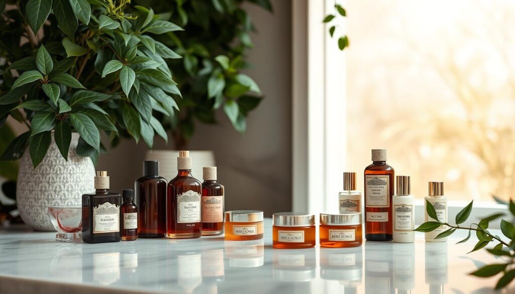 A lush, traditional Italian spa setting, showcasing a harmonious blend of timeless elegance and modern sophistication. In the foreground, an array of artisanal Italian skincare products - elegant glass bottles, rich colors, and intricate packaging designs that evoke the country's long-standing cosmetic heritage. The middle ground features a serene, minimalist backdrop, with clean lines and neutral tones that provide a calming canvas for the products. Soft, diffused lighting creates a warm, inviting atmosphere, highlighting the tactile, high-quality nature of the cosmetics. In the background, a subtle hint of Italian architecture or landscape elements, subtly hinting at the deep cultural roots that inspire these modern Italian beauty treasures.