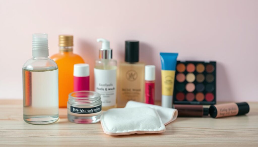 A neatly arranged still life showcasing the essential skincare products for an 11-year-old girl. In the foreground, a delicate glass bottle of gentle face wash, a jar of moisturizing cream, and a soft cleansing pad sit atop a wooden surface. In the middle ground, a colorful array of lip balms, a roll-on perfume, and a makeup-free palette of tinted lip glosses create a cohesive and age-appropriate display. The background features a soft, pastel-hued gradient, creating a soothing, tranquil atmosphere. The lighting is soft and diffused, highlighting the natural textures and colors of the products. The overall composition conveys a sense of simplicity, purity, and care, suitable for the youthful subject.