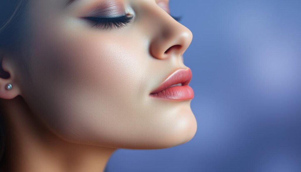 A serene and ethereal close-up portrait of a woman's face, her eyes gently closed as she is immersed in deep thought or meditation. Soft, diffused lighting bathes her features, highlighting her delicate bone structure and the graceful curve of her neck. The background is a subtle, hazy gradient of soothing hues of blue and lavender, evoking a sense of calm and introspection. The woman's makeup is understated yet elegant, with a soft smoky eye in shades of blue and violet, complemented by a neutral, matte lip color. The overall mood is one of tranquility, inner reflection, and effortless beauty.