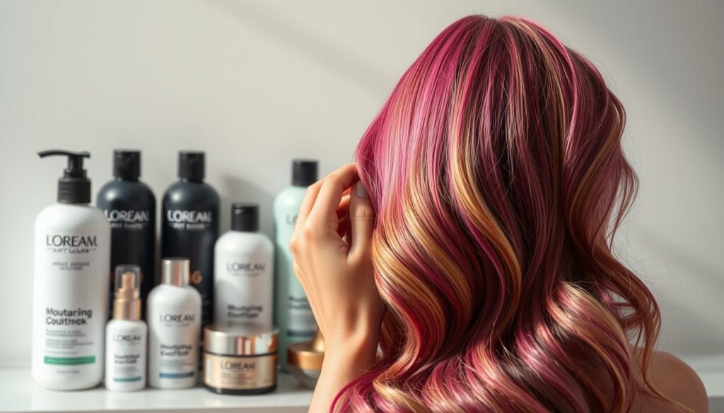 A serene scene of haircare after color treatment. In the foreground, a woman's hand gently massaging a moisturizing hair mask into her vibrant, freshly dyed locks. Midsection showcases an array of professional haircare products - shampoos, conditioners, and serums in soothing pastel hues. The background features a soft, diffused lighting, creating a calming, spa-like atmosphere. Subtle highlights and shadows accentuate the voluptuous, healthy-looking strands. The overall mood evokes a sense of post-coloring indulgence and rejuvenation, perfectly suited for the "Bezpieczeństwo i pielęgnacja włos&oacute;w po koloryzacji" section.