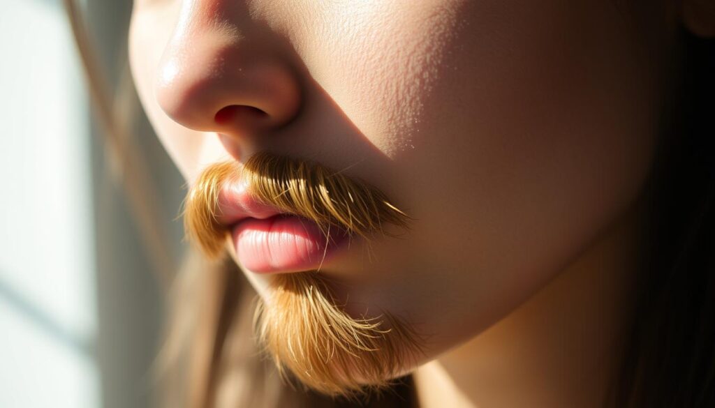A serene, softly lit close-up portrait of a woman with a delicate, well-groomed beard. Her face is illuminated by natural, diffused lighting that casts gentle shadows, highlighting the texture and shape of her facial hair. The focus is on the intricate details of the beard, showcasing its artfully styled strands and hues ranging from dark to light brown. The background is blurred, creating a sense of depth and drawing the viewer's attention to the subject's distinctive facial feature. The overall mood is one of quiet confidence and feminine elegance.