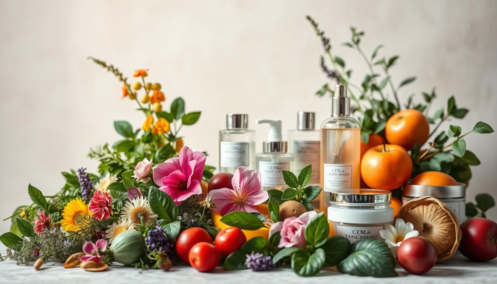 A serene still life showcasing the natural ingredients found in authentic Italian cosmetics. In the foreground, an array of botanicals including fresh herbs, vibrant flowers, and ripe fruits, arranged with artful elegance against a soft, neutral backdrop. The middle ground features elegant glass jars and bottles, their labels hinting at the pure, nourishing formulas within. Soft, diffused lighting from above casts a warm, inviting glow, emphasizing the inherent beauty and quality of these premium Italian skincare essentials. The overall mood is one of natural luxury, wellness, and the timeless traditions of Italian beauty.