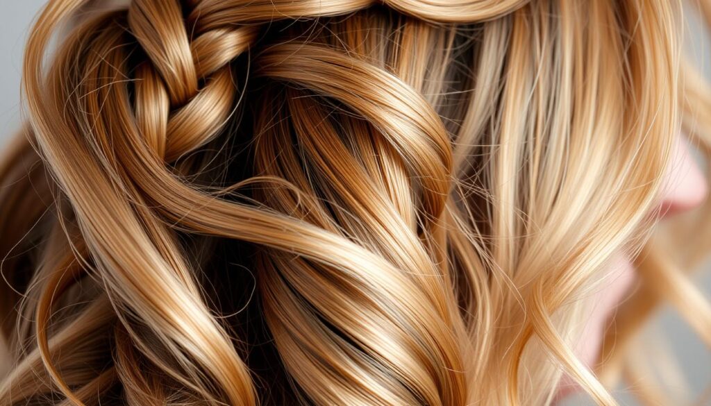 A stylish close-up shot of a woman's hair styled with key elements of feminine hairstyling. The hair is lustrous, flowing, and meticulously arranged, showcasing intricate braids, waves, and volume. Soft, diffused lighting illuminates the delicate textures and highlights the hair's movement. The focus is on the hairstyle's details, capturing the essence of the "Fryzura do brody damskie - kluczowe elementy stylizacji" section. The image conveys a sense of elegance, beauty, and the artistry involved in crafting the perfect feminine hairstyle to complement a beard.