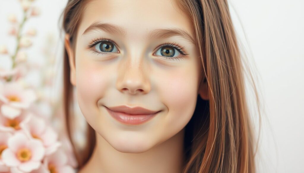 A young girl's face, radiant and fresh, the focus of the image. Her skin glows with a healthy, youthful sheen, the result of a gentle, nurturing skincare routine. In the background, a serene, pastel-hued setting, perhaps a delicate floral arrangement or a softly blurred natural landscape, creating a calming, tranquil atmosphere. The lighting is soft and diffused, accentuating the delicate features and the overall sense of purity and simplicity. The composition is balanced and harmonious, drawing the viewer's attention to the central subject - the young, beautifully cared-for complexion. This image captures the essence of introducing a gentle, age-appropriate skincare regimen to a pre-teen, ensuring the long-term health and radiance of their youthful skin.