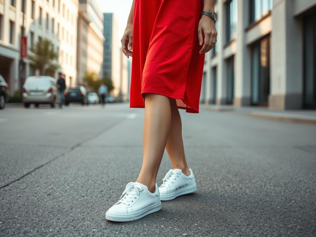 Białe sneakersy do czerwonej sukienki na co dzień