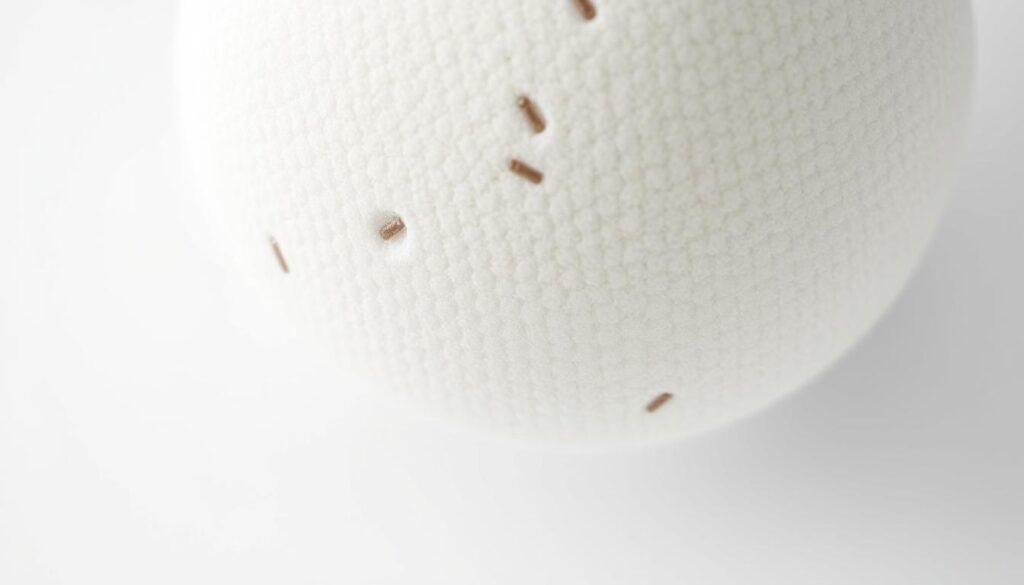 Detailed close-up of bacteria growing on a makeup sponge, shot with a macro lens against a clean, white background. The sponge is partially submerged in water, showcasing the porous texture and how moisture can harbor microbial growth. Soft, even lighting illuminates the sponge's surface, revealing the tiny rod-shaped bacteria colonizing the nooks and crannies. The image conveys the importance of proper hygiene and regular cleaning to prevent the buildup of unsanitary microbes in makeup tools.