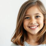 Dziewczynka z cieniowanymi włosami do ramion uśmiecha się do kamery