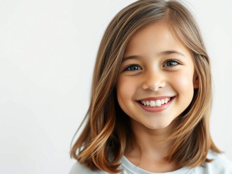 Dziewczynka z cieniowanymi włosami do ramion uśmiecha się do kamery