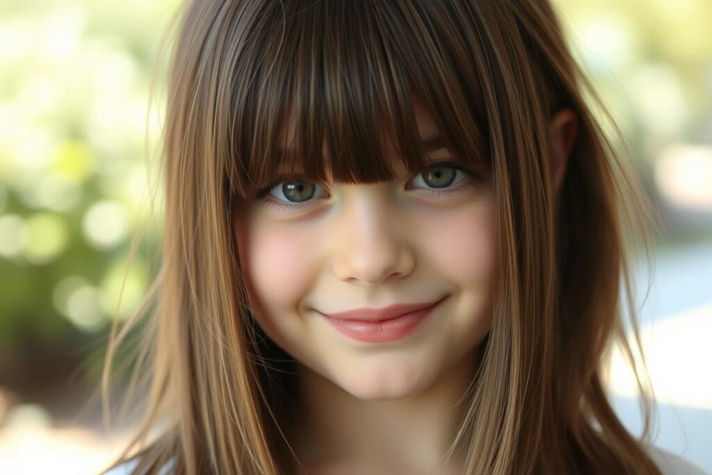 Dziewczynka z cieniowanymi włosami i prostą grzywką