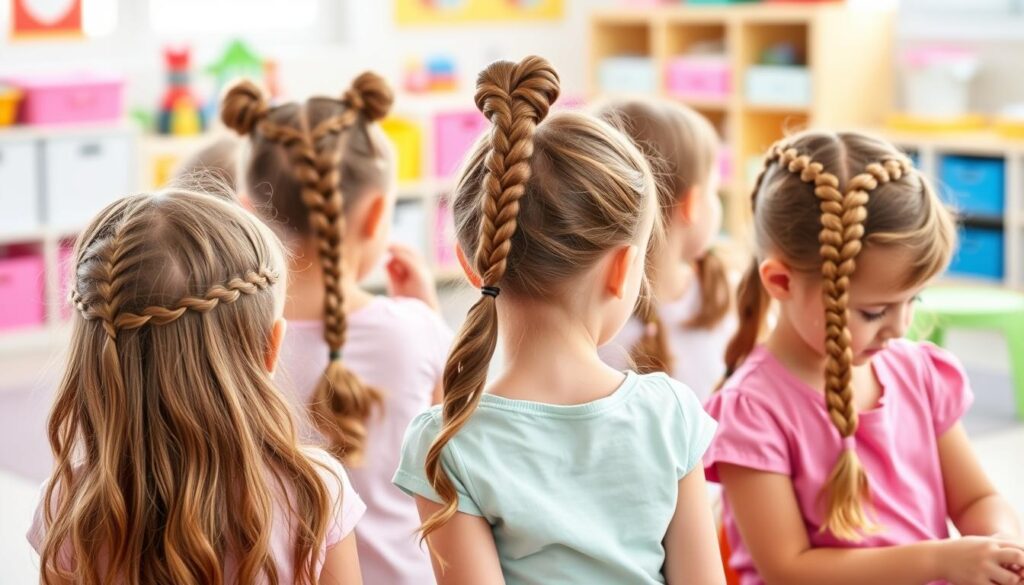 Dziewczynki w przedszkolu z r&oacute;żnymi fryzurami na cieniowanych włosach