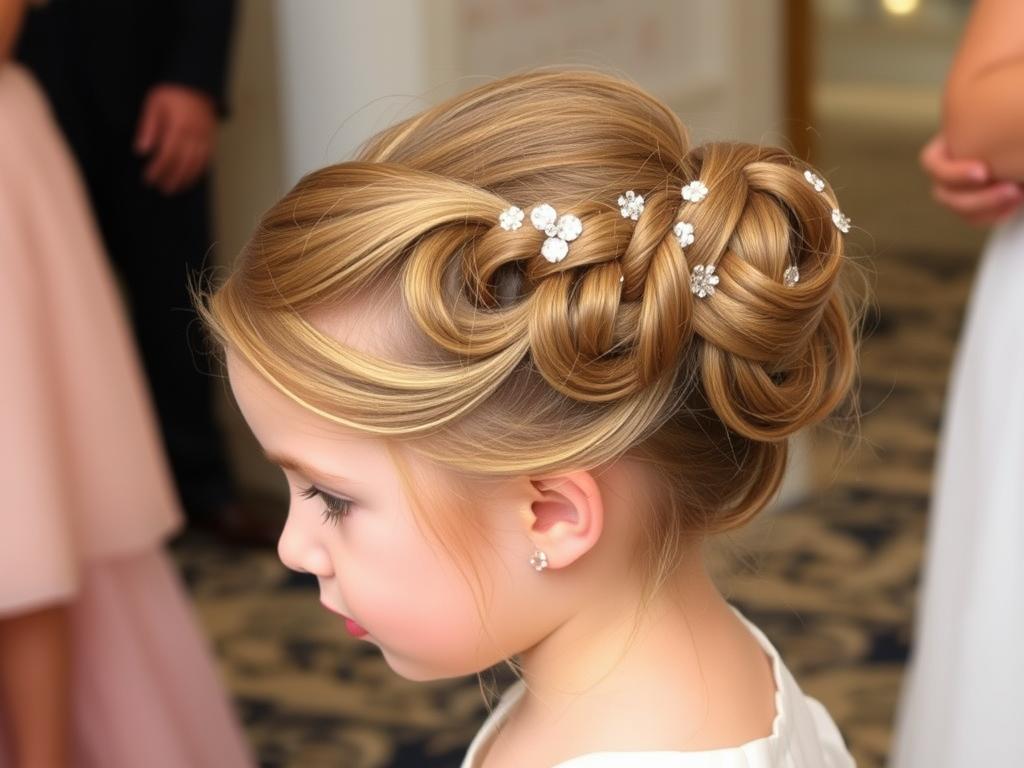 Elegancka fryzura na cieniowanych włosach dziewczynki na specjalną okazję