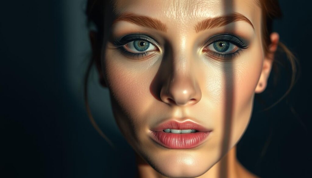 Elegant yet ethereal close-up portrait of a woman's face, with soft, glowing skin and delicate features. Her eyes are accentuated with soft, smoky blue-gray eyeshadow, blended seamlessly. Rosy, glowing cheeks and a subtle, pink-tinted lip color complete the natural, yet refined makeup look. Dramatic lighting casts dramatic shadows, creating a moody, atmospheric ambiance. Shallow depth of field keeps the focus on the model's face, with a blurred, hazy background. Elegant, minimalist aesthetic captures the essence of a chic, effortless "cornflower blue" makeup style.
