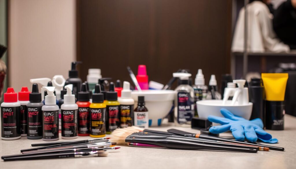 High-quality professional hair coloring products arranged neatly on a neutral-colored surface. In the foreground, an assortment of hair dyes, developers, and tinting brushes are displayed with careful attention to detail. The middle ground features various applicator bottles, mixing bowls, and protective gloves, conveying a sense of a well-equipped hair salon or home coloring setup. The background is slightly blurred, creating a focus on the essential tools and materials for the hair coloring process. The lighting is soft and diffused, creating an inviting and professional atmosphere suitable for a step-by-step guide on root touch-up.