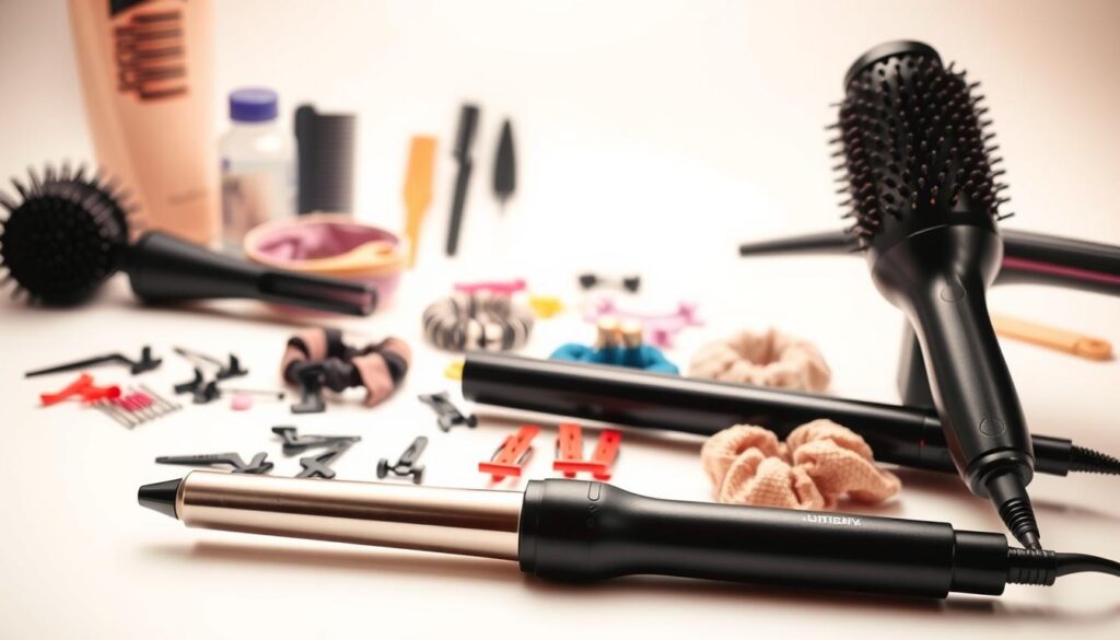 High-quality studio shot of various hairstyling tools arranged on a clean, white background. In the foreground, a professional curling iron, hair straightener, and round brush are prominently displayed. In the middle ground, a selection of hair clips, pins, and scrunchies in a variety of colors. In the background, subtle hints of other hair accessories like combs, hairdryers, and styling products. Warm, diffused lighting from above creates soft shadows and highlights the textures of the tools. Captured with a sharp, high-resolution lens to showcase every detail.