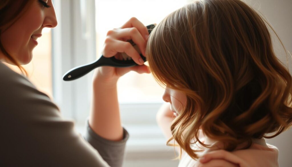 Mama delikatnie rozczesuje cieniowane włosy c&oacute;rki specjalną szczotką