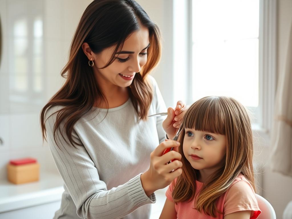 Mama podcinająca grzywkę c&oacute;rce z cieniowanymi włosami