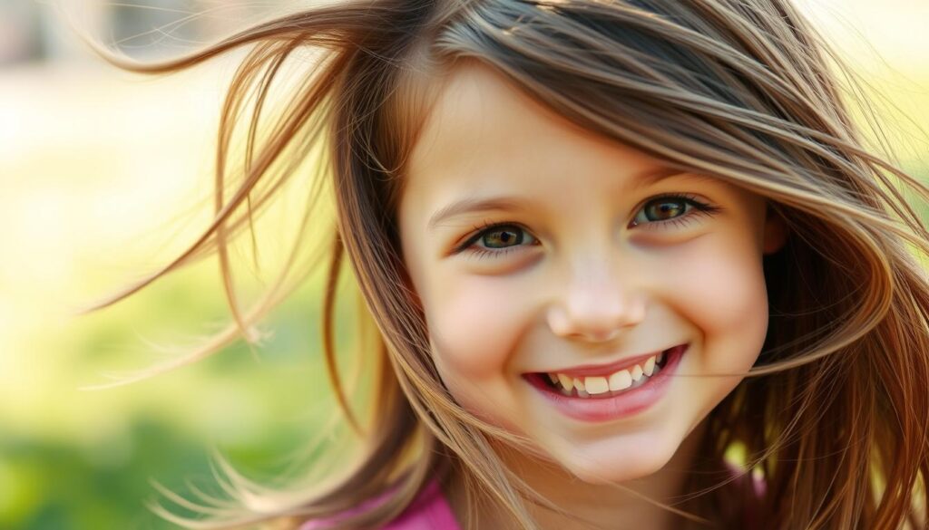 Uśmiechnięta dziewczynka z pięknymi cieniowanymi włosami