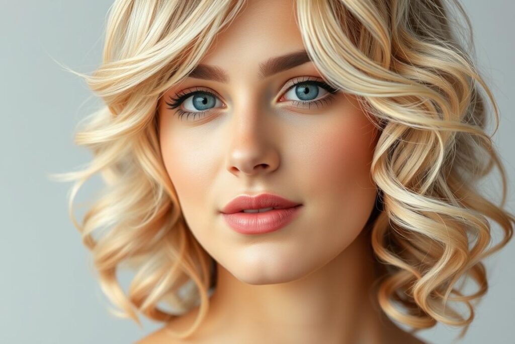 Fryzury kręcone włosy galeria - blond loki z grzywką na bok