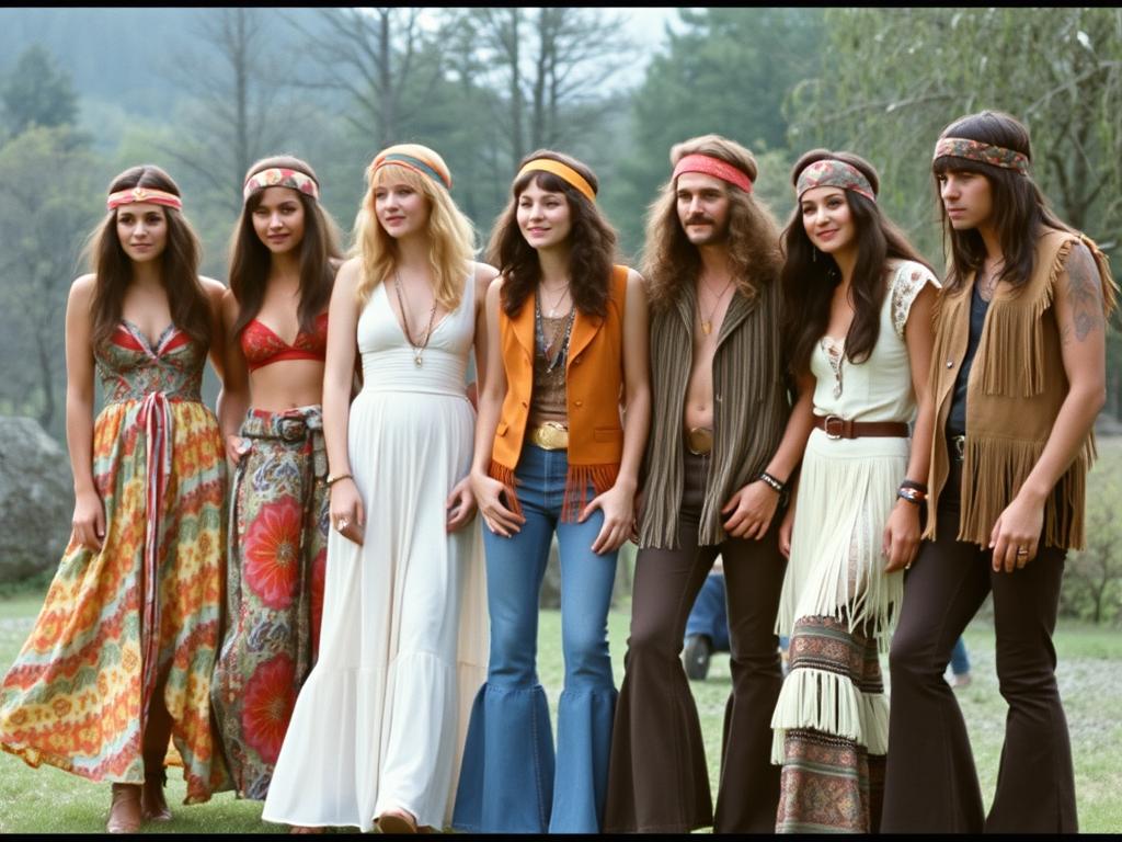 Grupa hippis&oacute;w w charakterystycznych strojach z lat 70