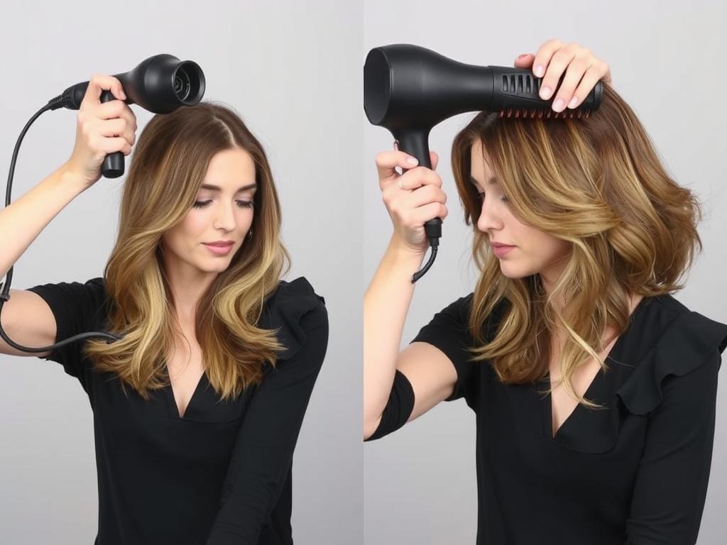 Kobieta tworząca fryzurę w stylu lat 70 za pomocą suszarki i okrągłej szczotki