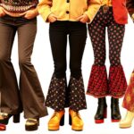 Kolaż przedstawiający charakterystyczne elementy mody lat 70 - dzwony, platformy i kolorowe wzory