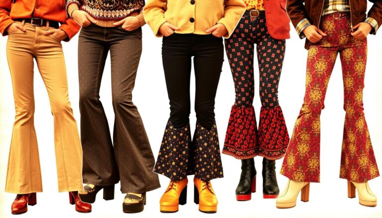 Kolaż przedstawiający charakterystyczne elementy mody lat 70 - dzwony, platformy i kolorowe wzory