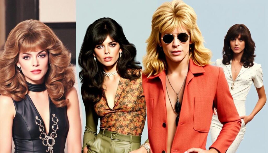 Kolaż przedstawiający ikony stylu lat 70 - Jane Fonda, Bianca Jagger, David Bowie i Donna Summer