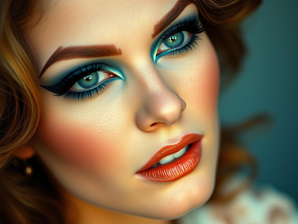 Modelka z charakterystycznym makijażem lat 70 - wyraziste oczy, naturalne brwi i błyszczące usta