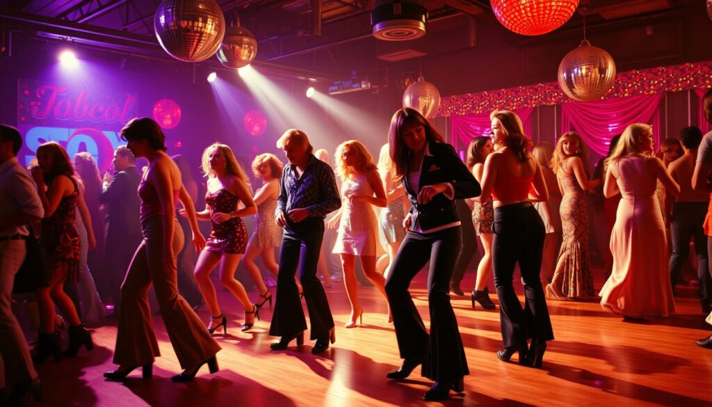 Scena z klubu disco lat 70 - ludzie tańczący w charakterystycznych strojach z epoki