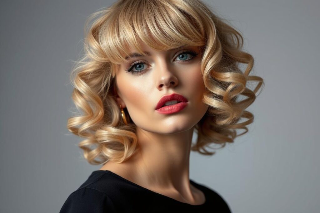 Włosy kręcone z grzywką zdjęcia - jasny blond