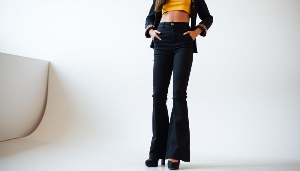 Wsp&oacute;łczesna modelka w stylizacji inspirowanej latami 70 - dzwony, platforma i charakterystyczny makijaż