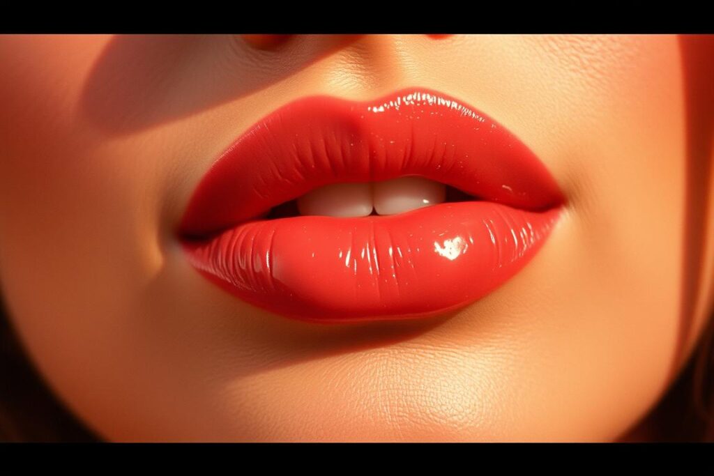 Zbliżenie na usta z błyszczącą pomadką w stylu lat 70