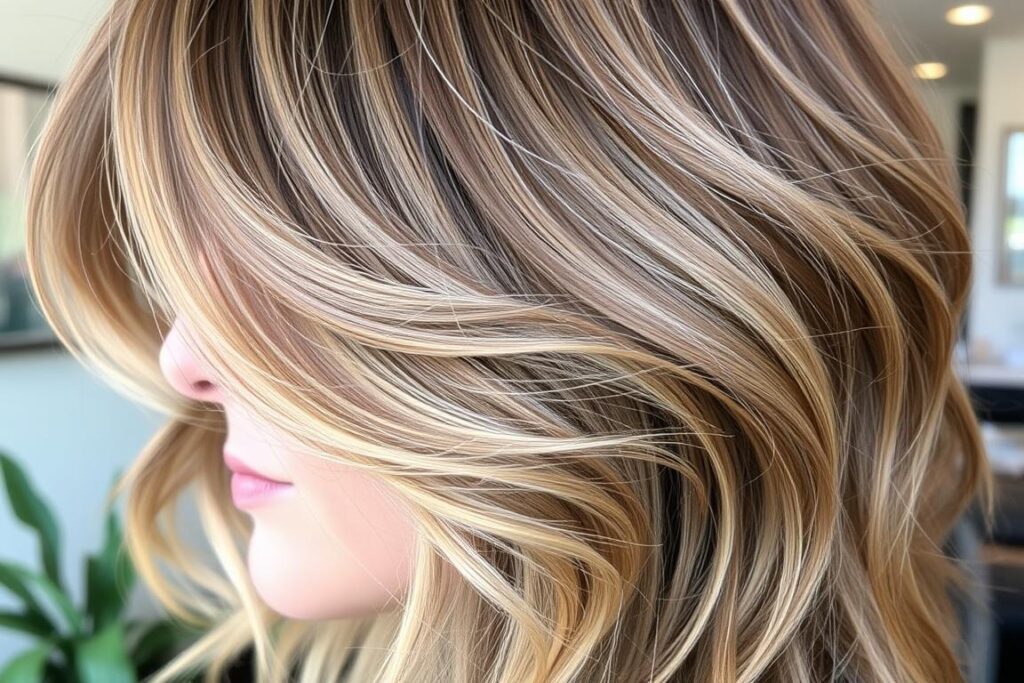 Zbliżenie na wsp&oacute;łczesną fryzurę inspirowaną latami 70 - warstwowe cięcie z podkręconymi końc&oacute;wkami