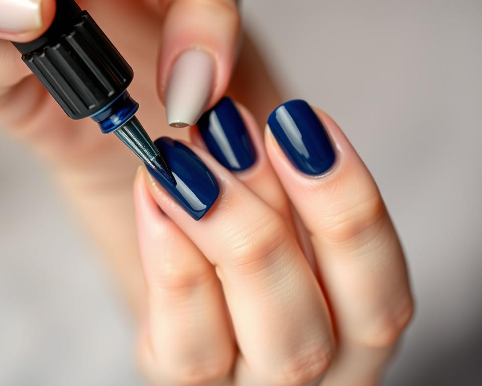 A well-lit close-up view of a hand carefully applying a navy blue hybrid nail polish, step-by-step, on neatly trimmed and filed nails. The brush glides smoothly, depositing the glossy, pigment-rich formula evenly across the nail surface. The composition emphasizes the delicate application process, with the hand occupying the central frame and the nails filling the foreground. The background is slightly blurred, creating a soft, focused aesthetic. The lighting casts gentle shadows that accentuate the nail's contours, conveying a sense of precision and care in the hybrid manicure application.