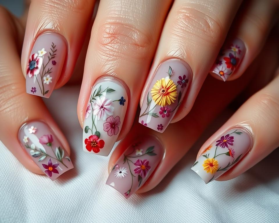 Delicate floral arrangements covering vibrant manicured nails, illuminated by soft, diffused lighting. Intricate patterns of petals and leaves in a variety of hues, from bold and vivid to soft, muted tones. Nail shapes ranging from short, rounded tips to long, elegant ovals, each adorned with meticulously crafted botanical designs. The composition showcases the beauty and artistry of the most popular floral nail art trends, capturing the essence of the section title "Najpopularniejsze wzory kwiatowe na paznokciach". A visually captivating and inspiring representation of the article's subject matter.