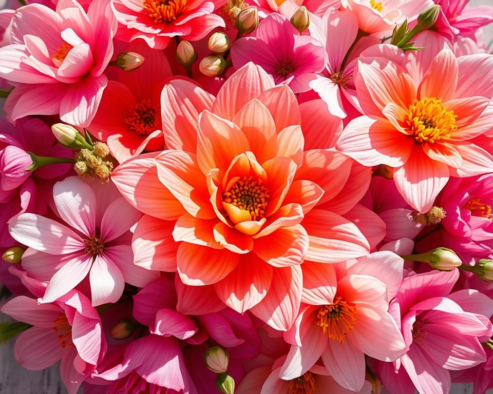 Detailed floral hybrid patterns executed with intricate, skillful techniques. Delicate, vibrant blooms in a harmonious arrangement fill the frame, their petals rendered with photorealistic precision. Soft, natural lighting casts gentle shadows, highlighting the dimensionality and textures of the flowers. The composition is balanced, with the main subject occupying the central focus, surrounded by a supporting cast of complementary botanical elements. An elegant, artistic aesthetic pervades the scene, inviting the viewer to appreciate the beauty and craftsmanship of the hybrid floral design.