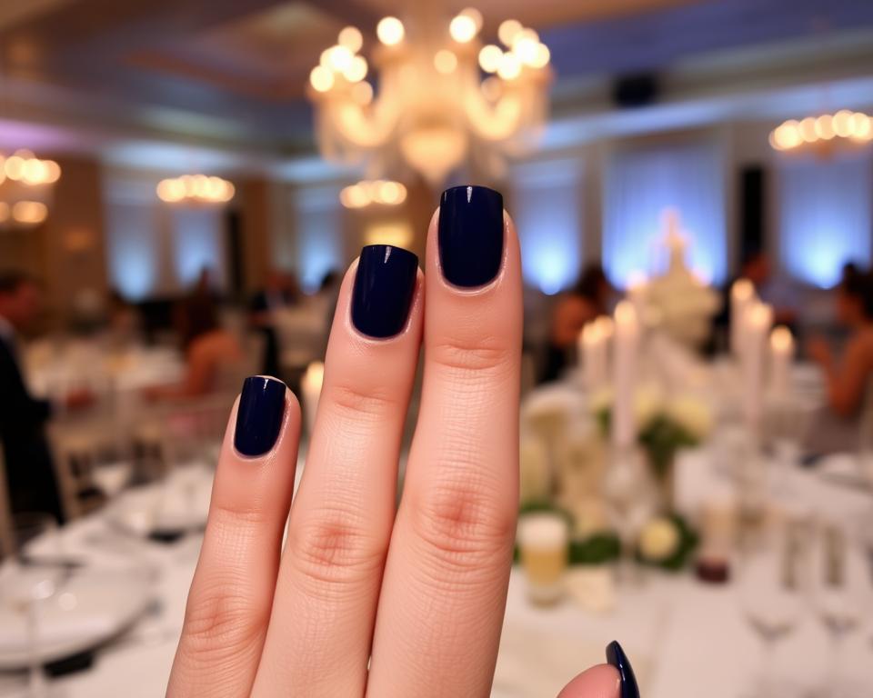 Elegant navy blue nails with a sophisticated manicure, pristine and polished, set against a backdrop of a glamorous wedding reception. Subtle and refined, the nails capture the essence of a formal, high-class event. Soft, diffused lighting creates a warm, inviting atmosphere, accentuating the deep, rich color of the nail polish. The nails are the focal point, drawing the eye with their striking yet elegant appearance, perfectly complementing the overall refined and classy ambiance of the scene.