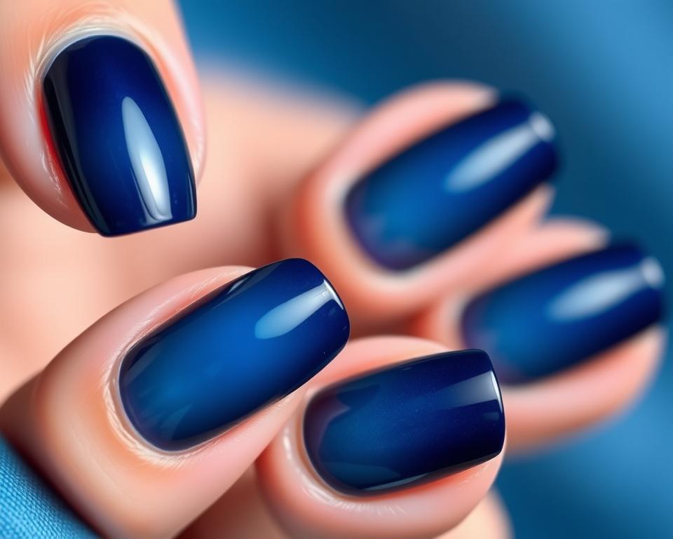 Elegant navy blue ombre nails with a gradient transition from dark to light blue, captured in a close-up, high-resolution image. The nails are perfectly manicured and polished, reflecting a soft, natural lighting that accentuates the depth and nuance of the color tones. The composition emphasizes the beauty and sophistication of the nail design, creating a visually striking and inspirational image for the "Inspiracje dla granatowych paznokci" section of the article on "paznokcie hybrydowe granatowe."