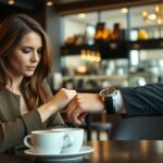 Kobieta i mężczyzna rozmawiający w kawiarni, ona patrzy na jego drogi zegarek