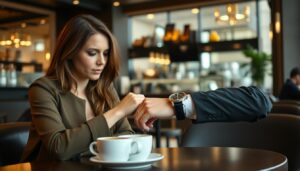 Kobieta i mężczyzna rozmawiający w kawiarni, ona patrzy na jego drogi zegarek