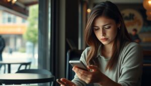 Kobieta patrząca smutno na telefon, czekając na odpowiedź od przyjaciółki, która nie ma dla niej czasu